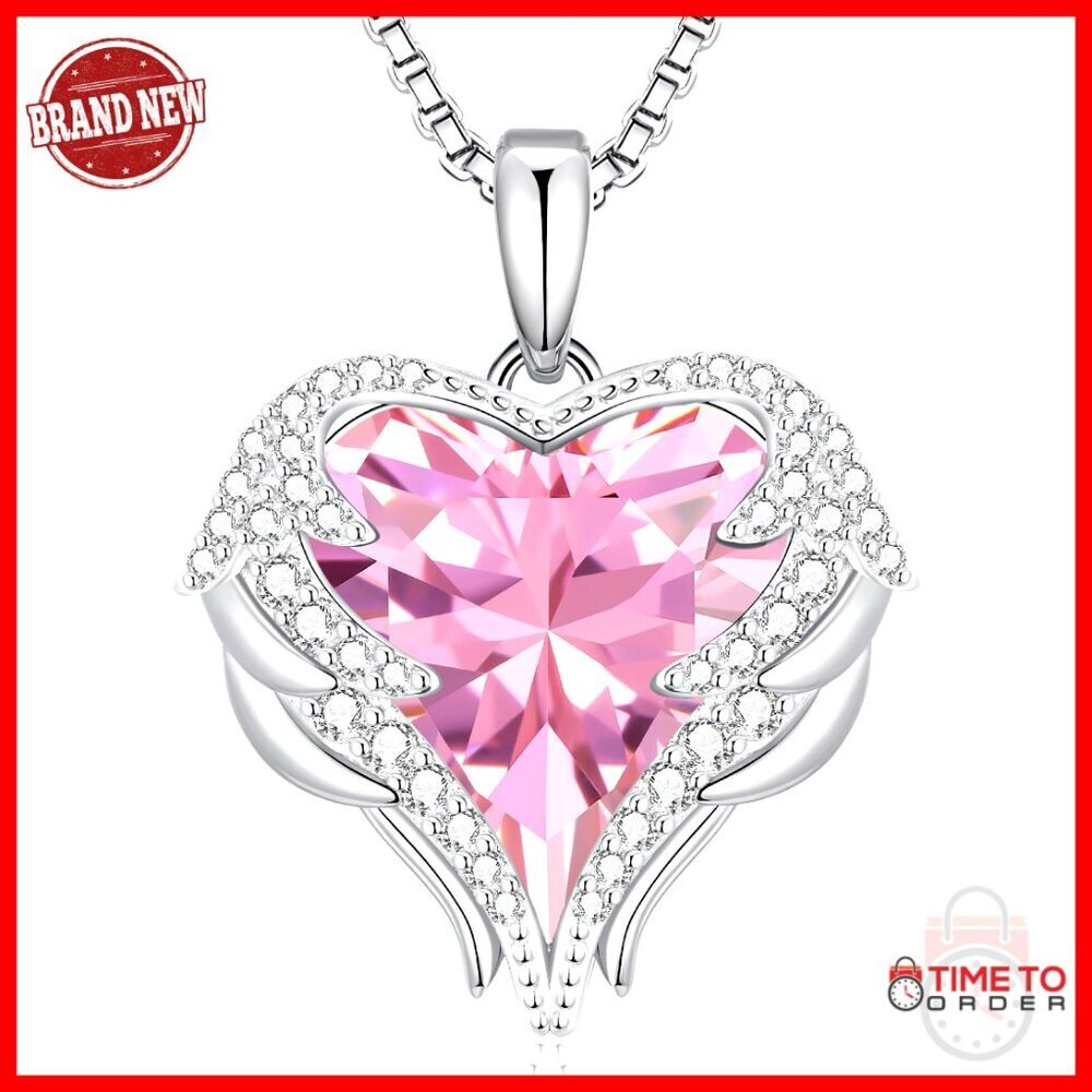Angel Wings Heart Pendant Necklace with Birthstone, 18" Chain, Gift for Her